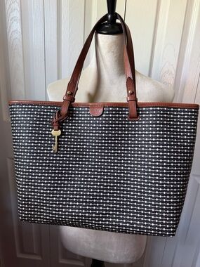 Fossil Black & White Patterned Tote with Brown Leather Trim